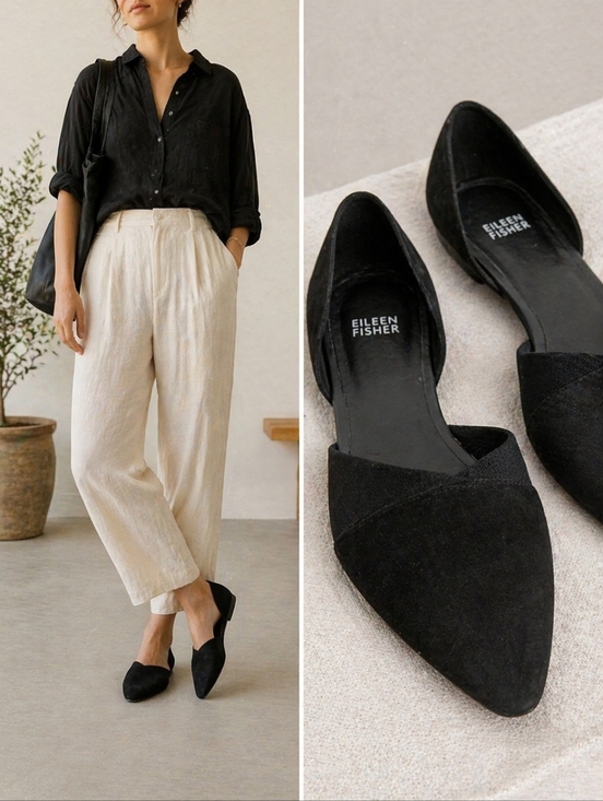 Eileen Fisher Shoes - EILEEN FISHER Ida Dorsay Flats Womens Size 8.5 Black Suede Leather Minimalist